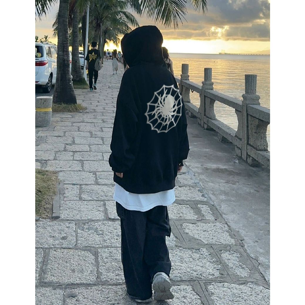 100%重磅純棉美式復古oversize連帽衛衣女2023春秋薄款印花外套潮