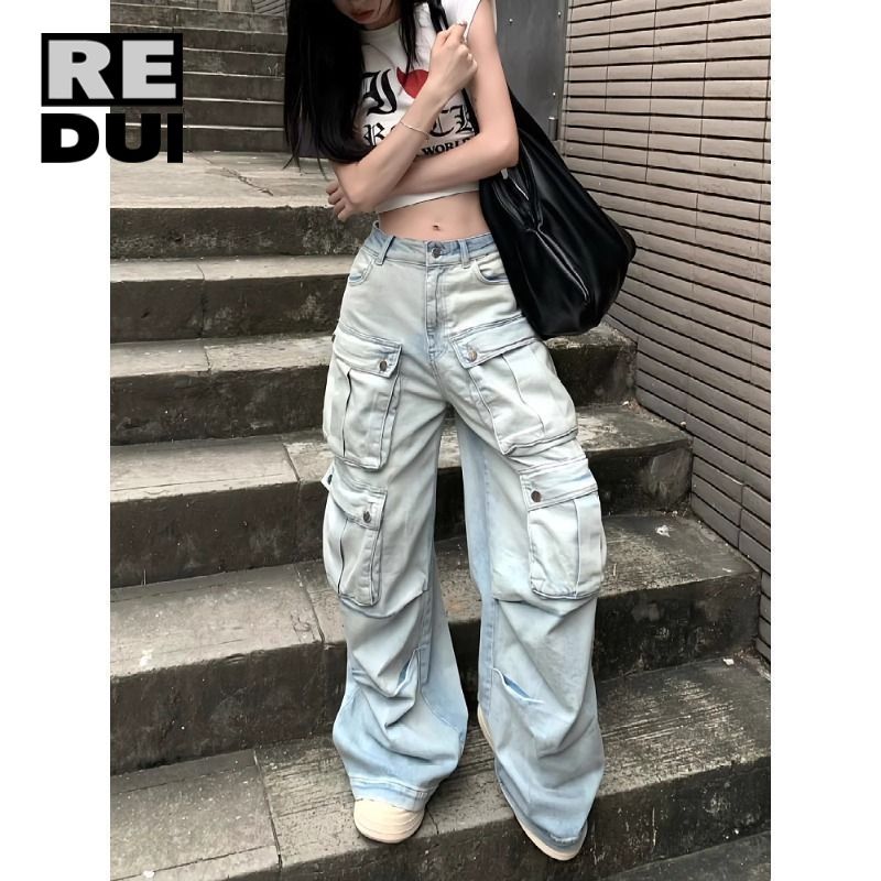 街頭vibe工裝闊腿牛仔褲男女2023新款設計感多口袋寬鬆港風拖地褲