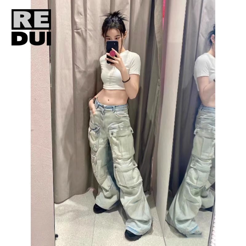 復古重工街頭辣妹多口袋工裝褲男秋季小眾設計感水洗闊腿牛仔褲潮