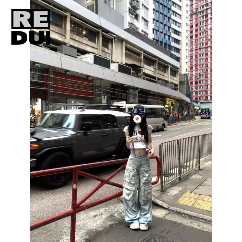 梨形身材美式復古帥氣時髦感立體多口袋工裝牛仔褲女寬鬆闊腿褲潮