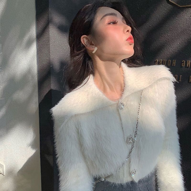 仿水貂絨毛衣女翻領短款早秋冬款洋氣鑽扣針織開衫外套上衣