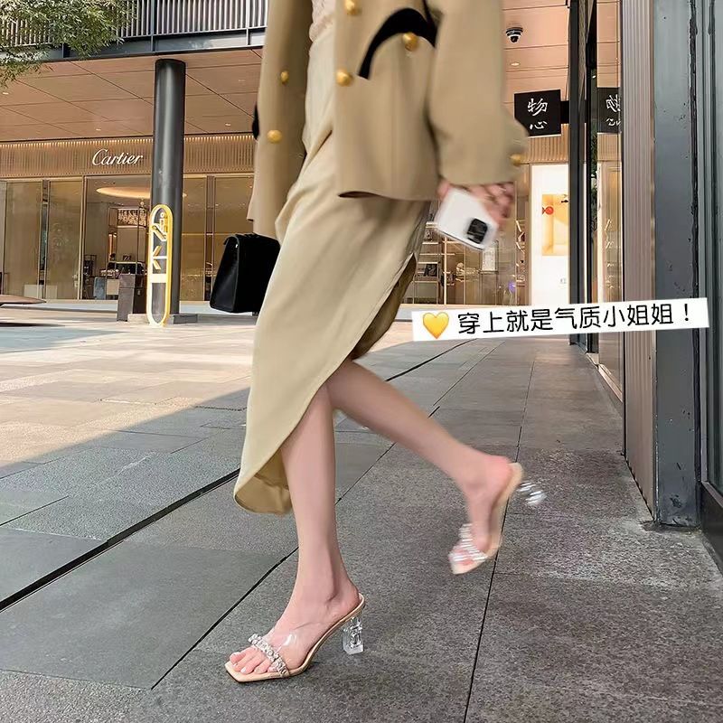 外穿粗跟涼鞋方頭仙女風透明高跟鞋女2023夏季新款一字帶水鑽拖鞋