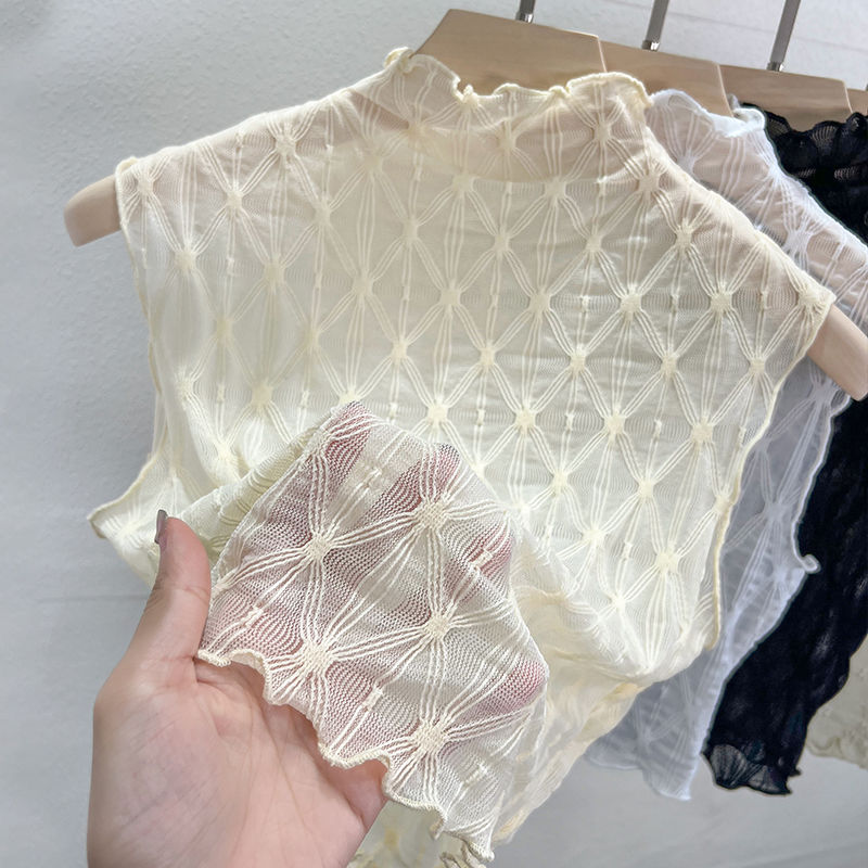 木耳邊蕾絲打底假高領子女百搭假領內搭透視無袖網紗背心短款上衣