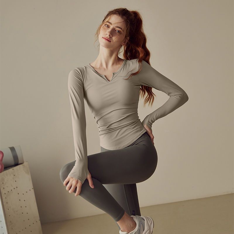 瑜伽上衣女春秋季跑步运动透气速干显瘦V领纯色长袖运动T恤健身衣