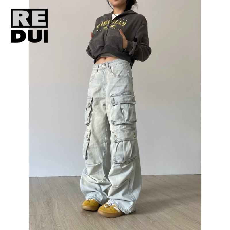 美式復古多口袋水洗直筒工裝牛仔褲帥氣男女街頭闊腿休閒長褲潮牌