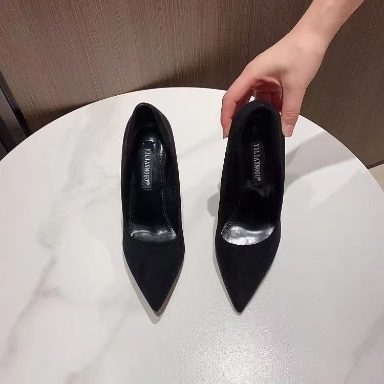 大碼4143勤子黑仙女風百搭淺口單鞋女2023新款細跟黑色絨面高跟鞋