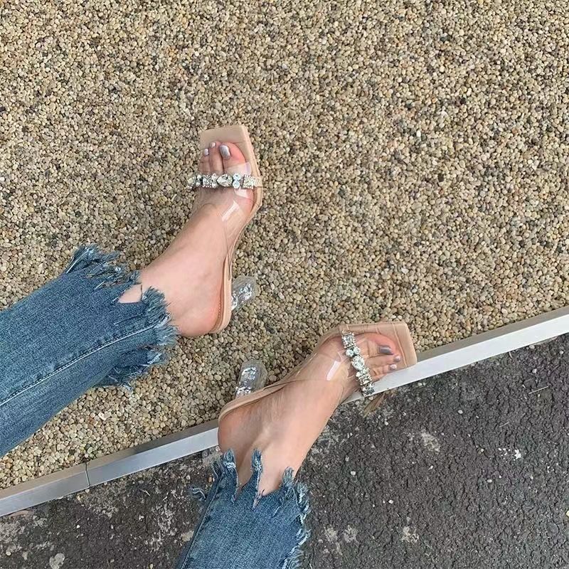 法式水鑽透明水晶跟涼鞋女夏一字帶粗跟拖鞋高跟鞋外穿涼拖大碼42