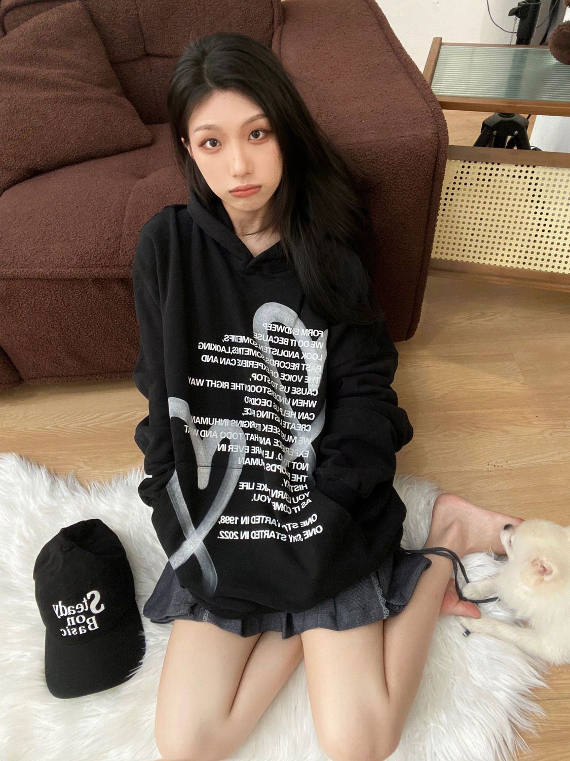 美式復古黑色連帽衛衣女秋季2023新款overseas寬鬆慵懶風長袖上衣