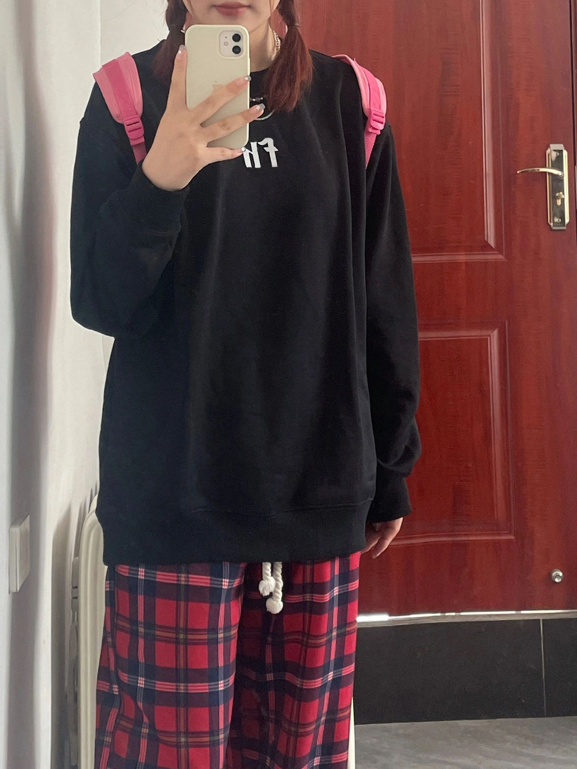 黑色圓領長袖情侶衛衣小眾休閒外套女春秋寬鬆顯瘦印花上衣潮ins