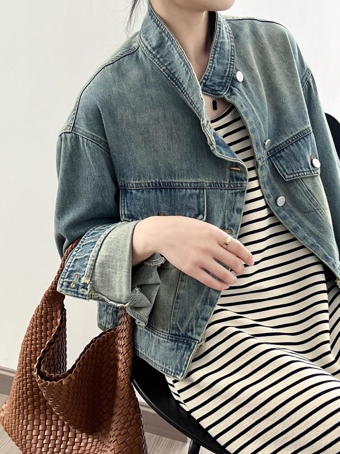 Korean style stand collar denim jacket for women spring and autumn European new style loose and small American retro casual short top