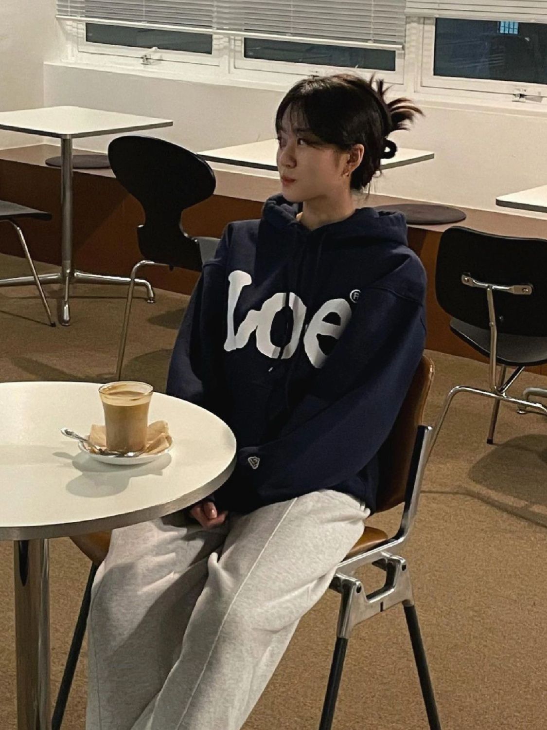 藏青色美式復古連帽套頭衛衣女春秋季寬鬆oversize薄款外套上衣潮