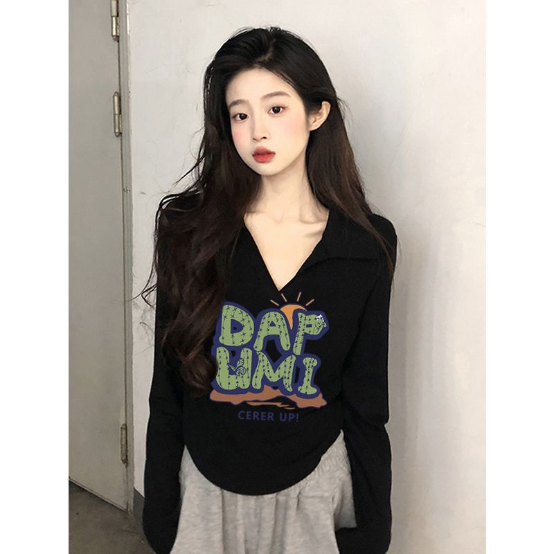 純棉正肩長袖t恤女短款新款秋季弧形下擺純欲風修身辣妹上衣ins潮