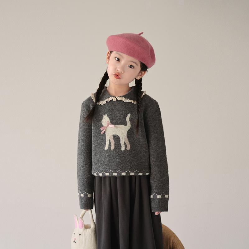女童针织衫秋季新款儿童韩版翻领蕾丝毛衣宝宝洋气套头上衣