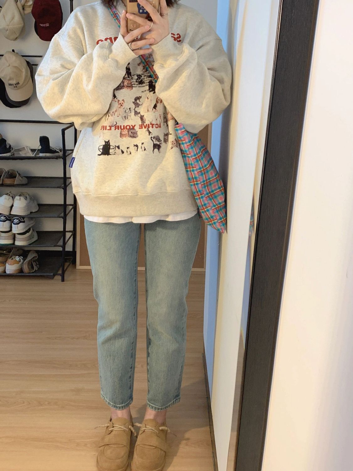 美式復古卡通貓咪小狗可愛減齡少女心灰色圓領衛衣女秋季新款上衣