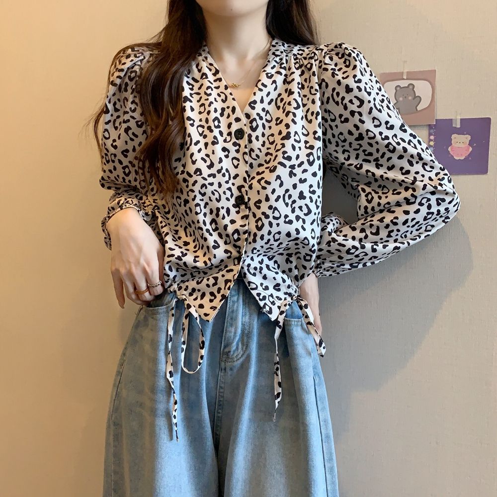 抽繩短款V領豹紋襯衫秋季2023新款復古港味設計感小眾襯衣女上衣