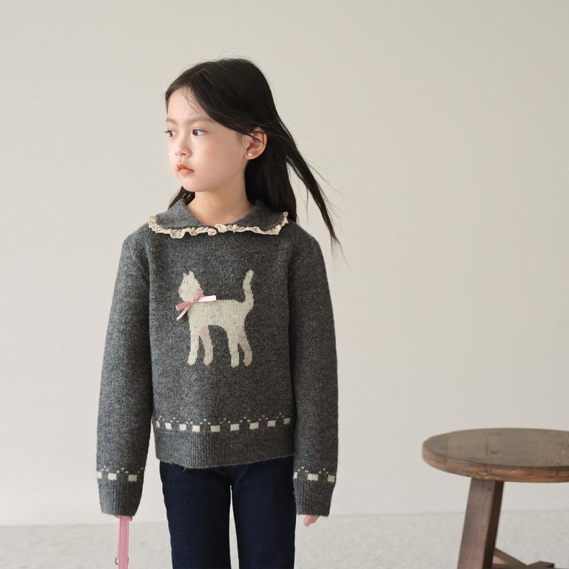女童针织衫秋季新款儿童韩版翻领蕾丝毛衣宝宝洋气套头上衣