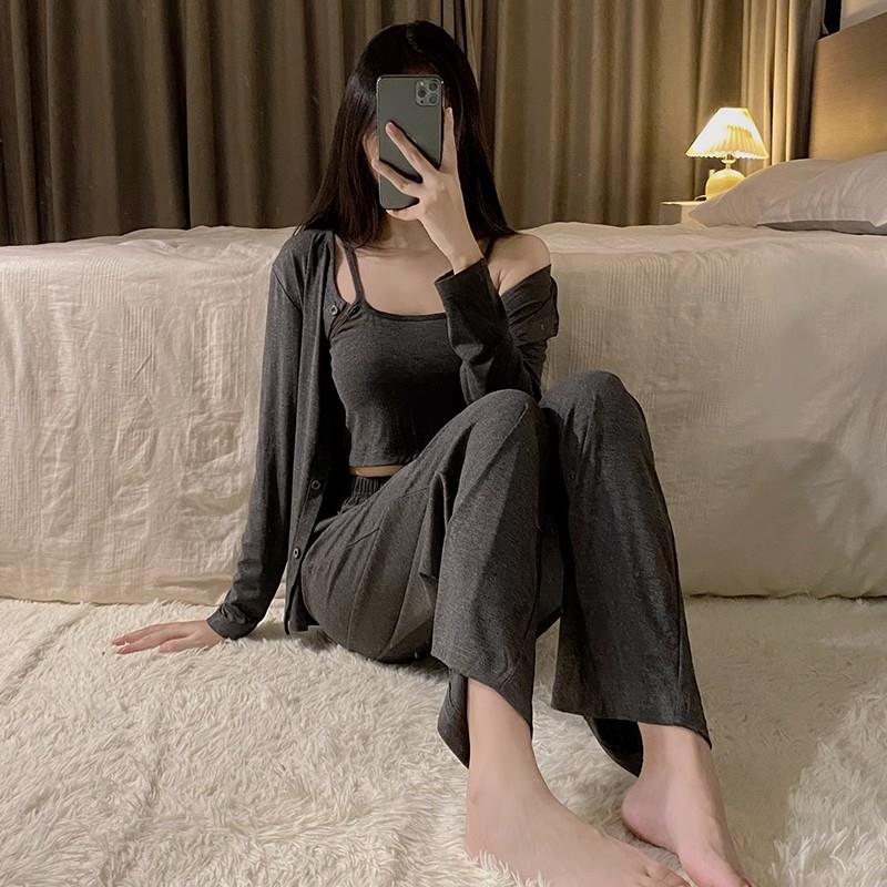 睡衣女春秋季2023新款帶胸墊性感莫代爾可外穿網紅風家居服三件套
