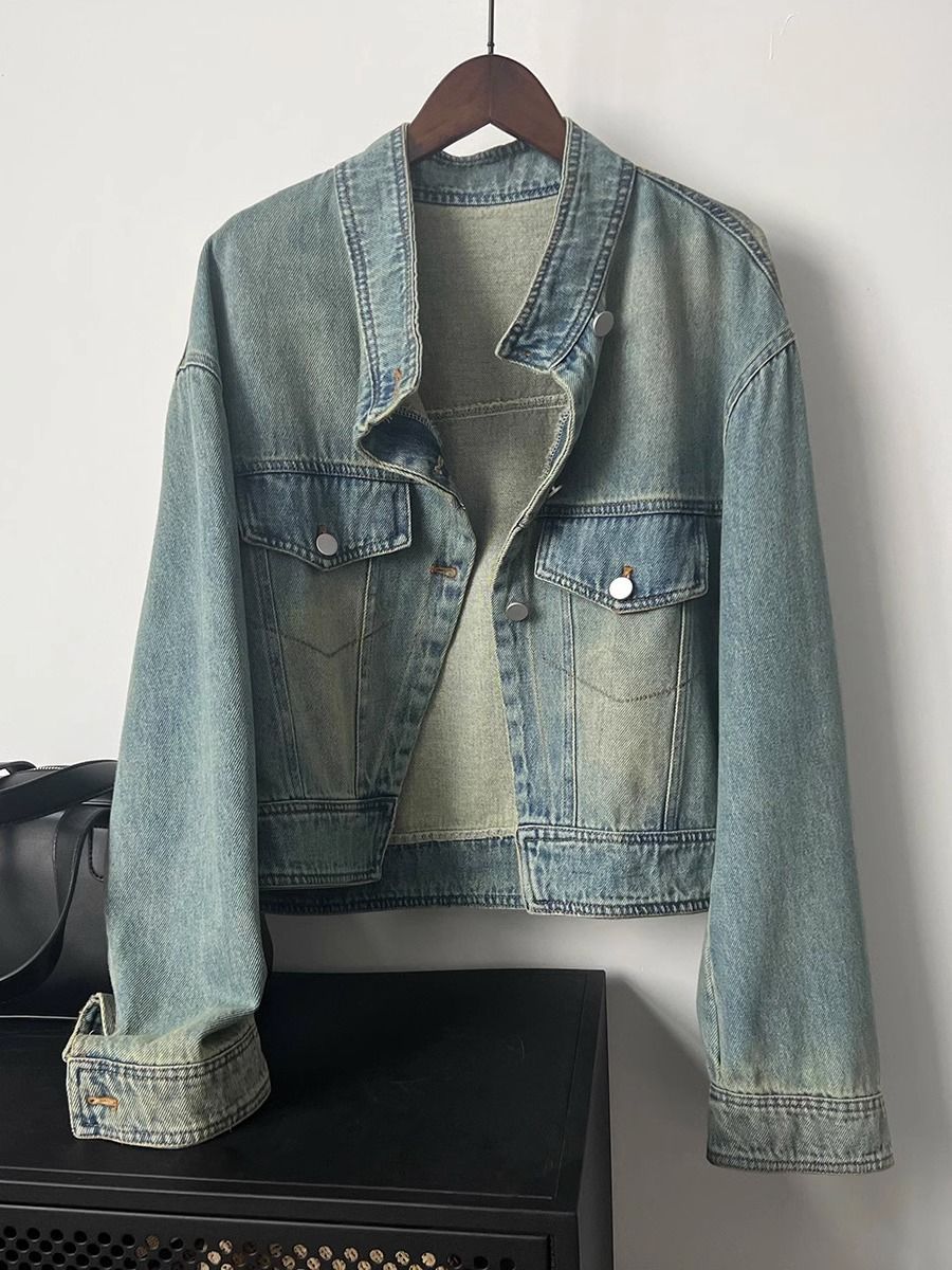 Korean style stand collar denim jacket for women spring and autumn European new style loose and small American retro casual short top