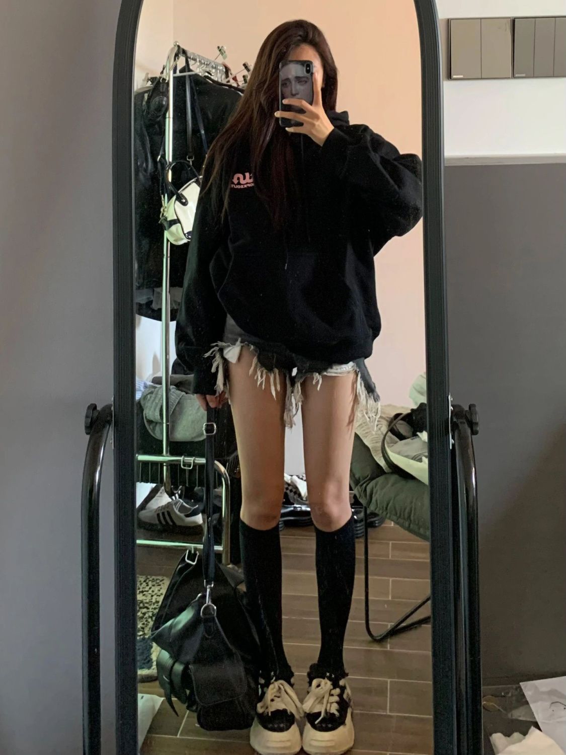 黑色連帽開衫衛衣外套女春秋新款oversize設計感小眾慵懶寬鬆上衣