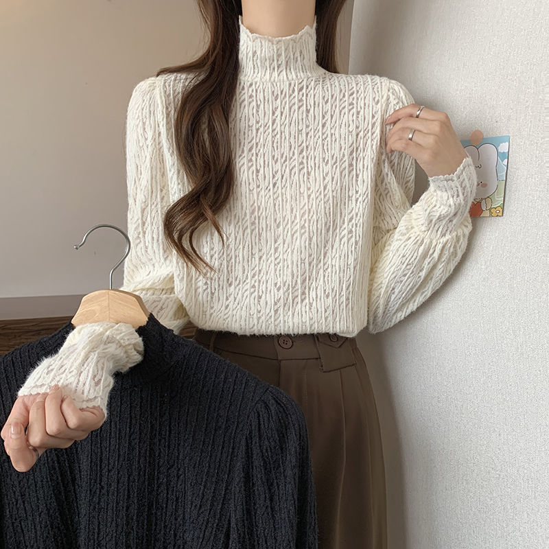 半高領氣質時尚打底衫女秋冬2023新款洋氣內搭顯瘦泡泡長袖蕾絲衫