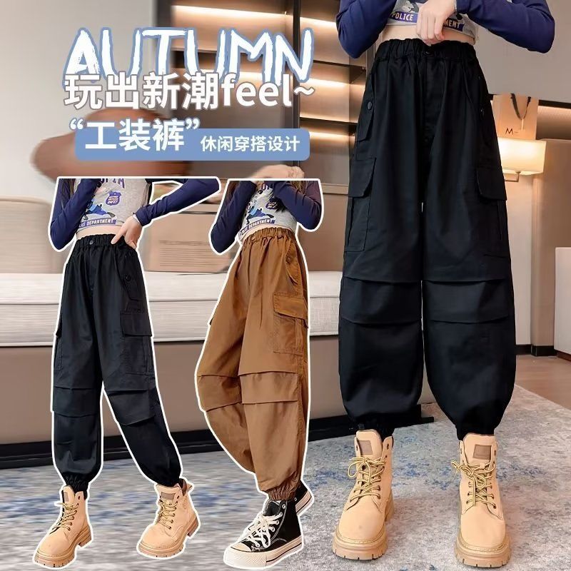 女童褲子秋季薄款女孩休閒運動褲寶寶春秋款兒童工裝褲女童洋氣