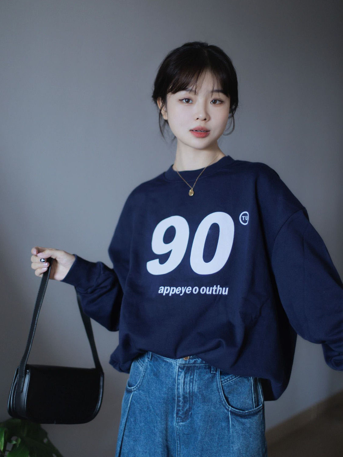 設計感藏青色圓領衛衣女2023秋新款美式復古字母印花寬鬆長袖上衣