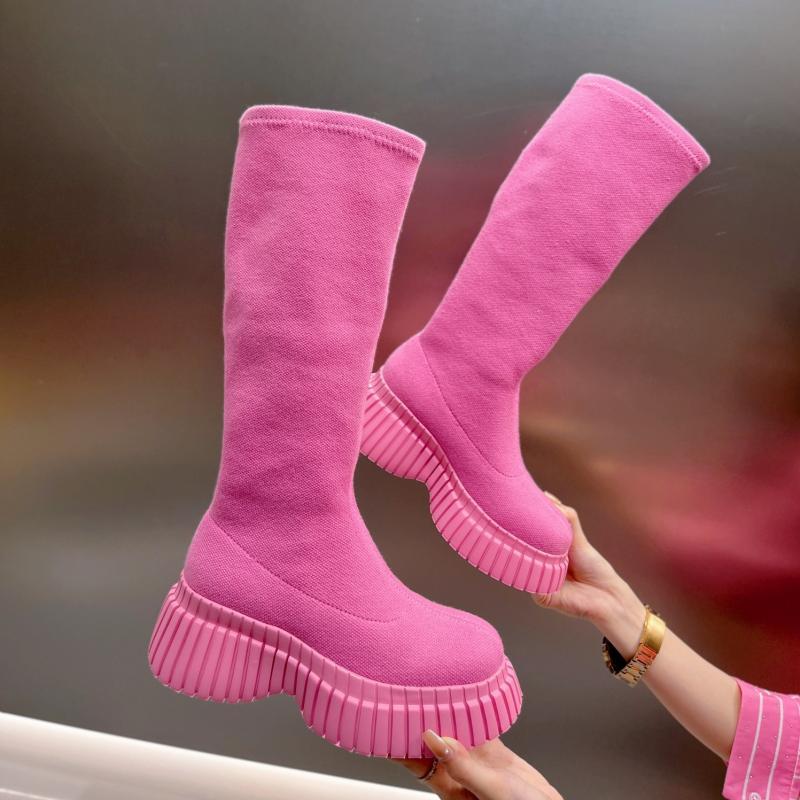 针织弹力靴袜靴秋冬新款厚底增高粉色高筒长靴不过膝长筒女靴