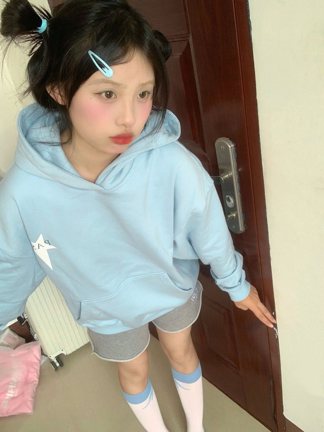 美式復古天藍色連帽衛衣女潮ins春秋2023新款小個子oversize外套