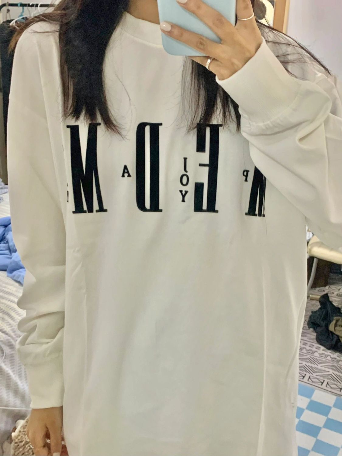 國潮牌正肩長袖T恤女白色打底衫上衣春秋設計感內搭oversize衛衣