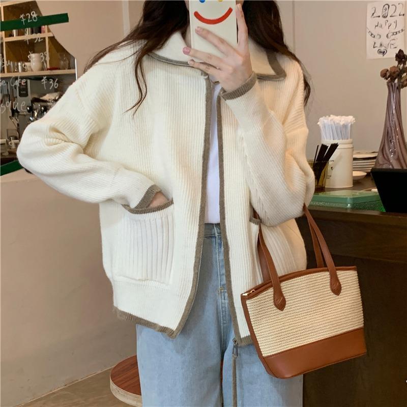 2023新款polo領拉鏈毛衣外套女秋冬款外穿寬鬆慵懶風復古針織開衫