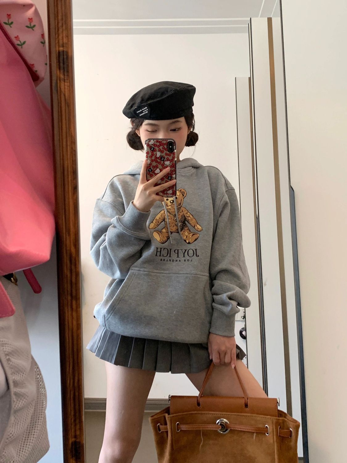 國潮牌灰色連帽衛衣女春秋款寬鬆顯瘦小眾設計感卡通印花別致上衣