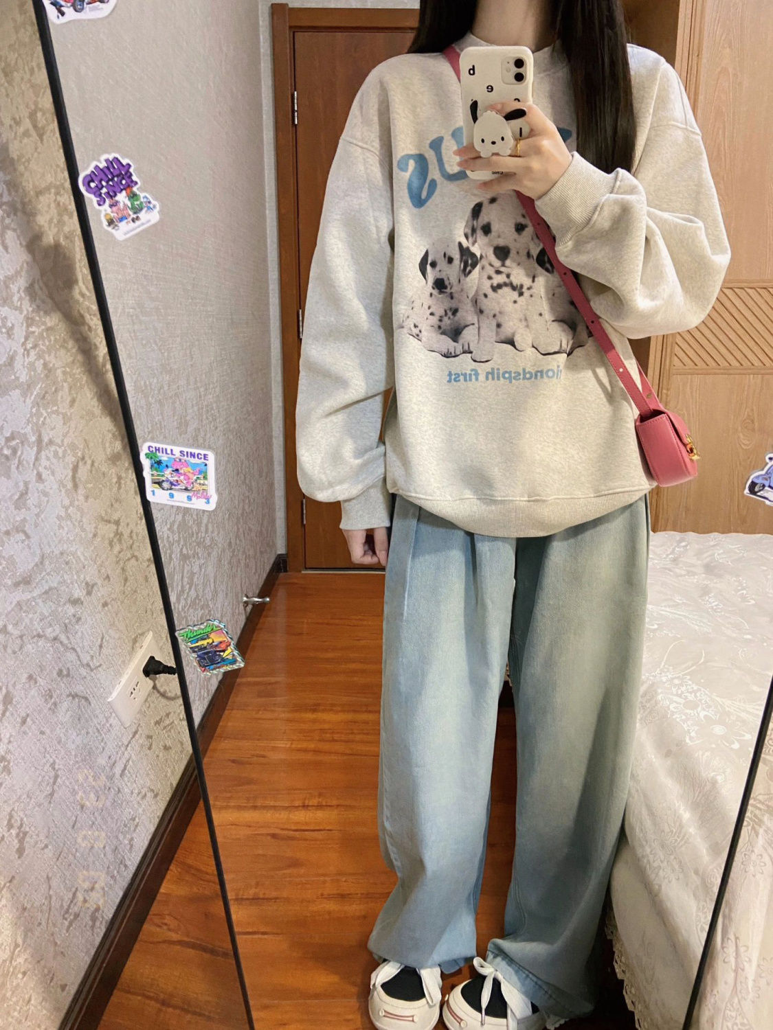 銀狐絨重磅復古斑點狗圖案加絨寬鬆套頭圓領衛衣潮牌男女同款上衣