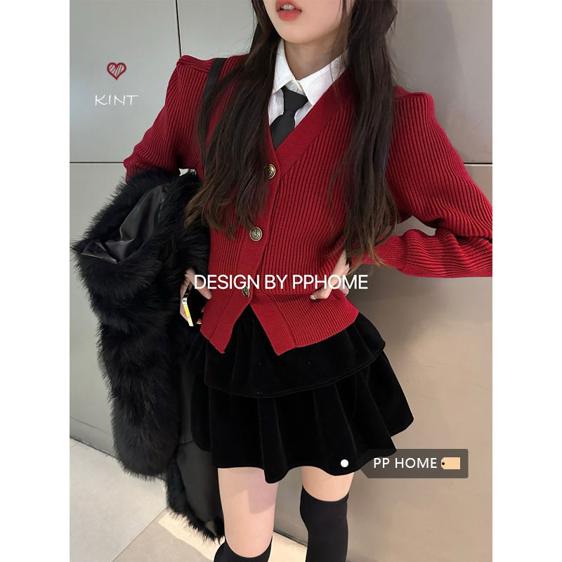 學院風新款秋冬針織開衫女正肩收腰顯瘦日系百搭外穿坑條毛衣外套