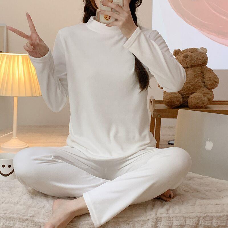 雙面德絨保暖內衣女士秋冬季套裝修身半高領上衣秋衣秋褲家居服