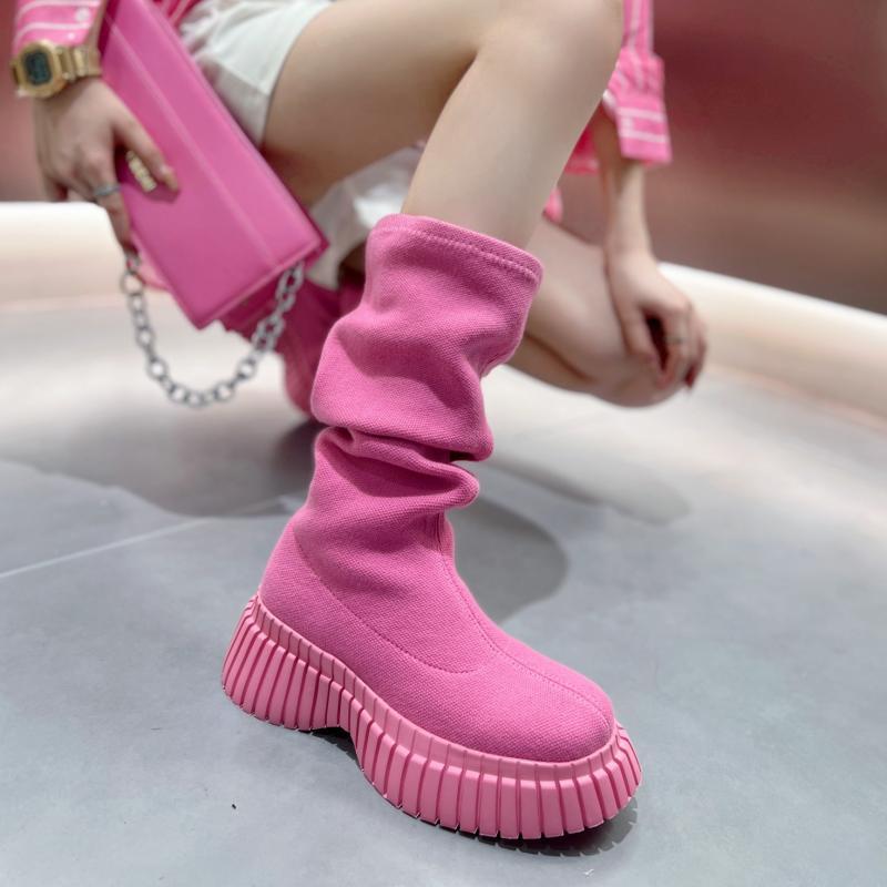 针织弹力靴袜靴秋冬新款厚底增高粉色高筒长靴不过膝长筒女靴