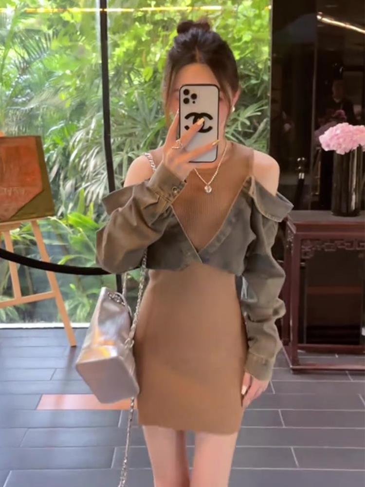 Internet celebrity popular design long-sleeved denim dress for women autumn  new fake two-piece off-shoulder knitted skirt