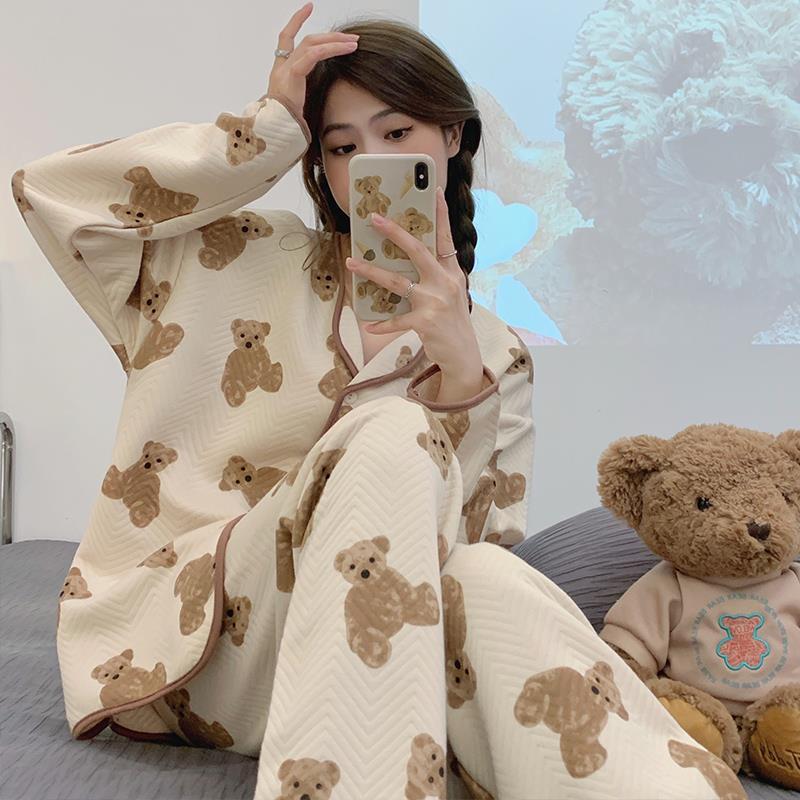 睡衣女春秋長袖空氣棉夾層加厚2023年新款小熊冬季家居服兩件套裝
