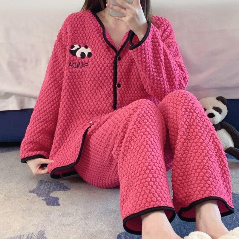 熊貓珊瑚絨秋冬季睡衣女款2023年新款玫紅色高級感開衫家居服套裝
