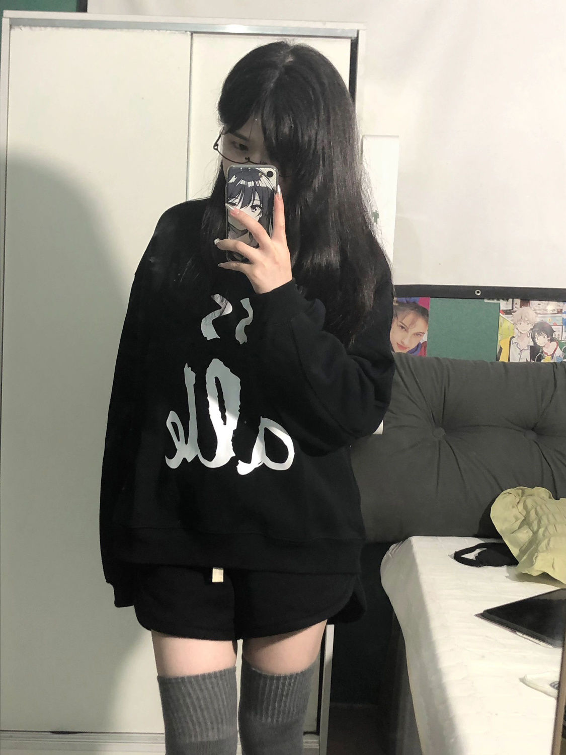 美式復古圓印花領衛衣女秋季落肩款字母印花長袖寬鬆情侶黑色上衣