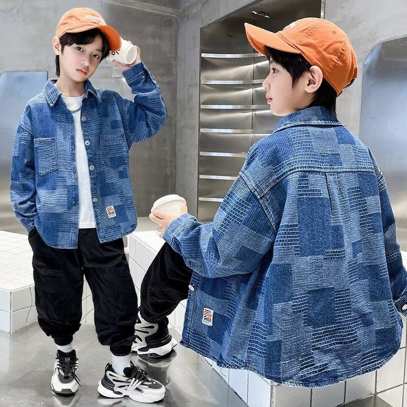 中大童2023新款秋季牛仔長袖襯衣寬鬆休閒格子襯衫青少年牛仔外套