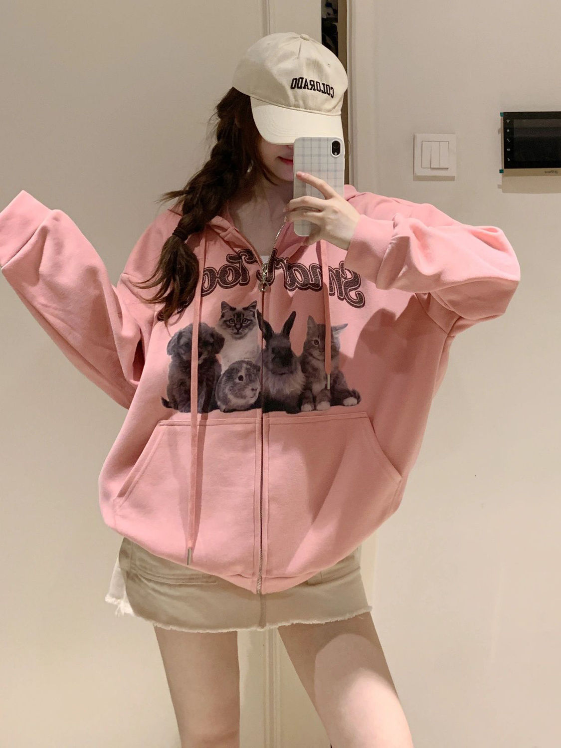 美式粉色連帽拉鏈衛衣外套女春秋oversize寬鬆薄款開衫設計感小眾