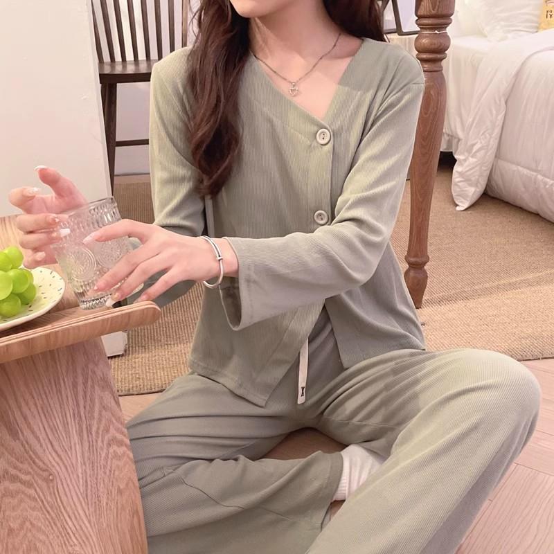 睡衣女春秋季薄款長袖開衫小清新休閒韓版寬鬆家居服學生兩件套裝