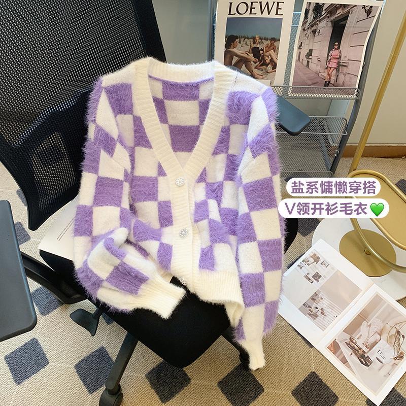 復古水貂絨V領針織開衫女法式格子寬鬆上衣秋季新款百搭長袖毛衣