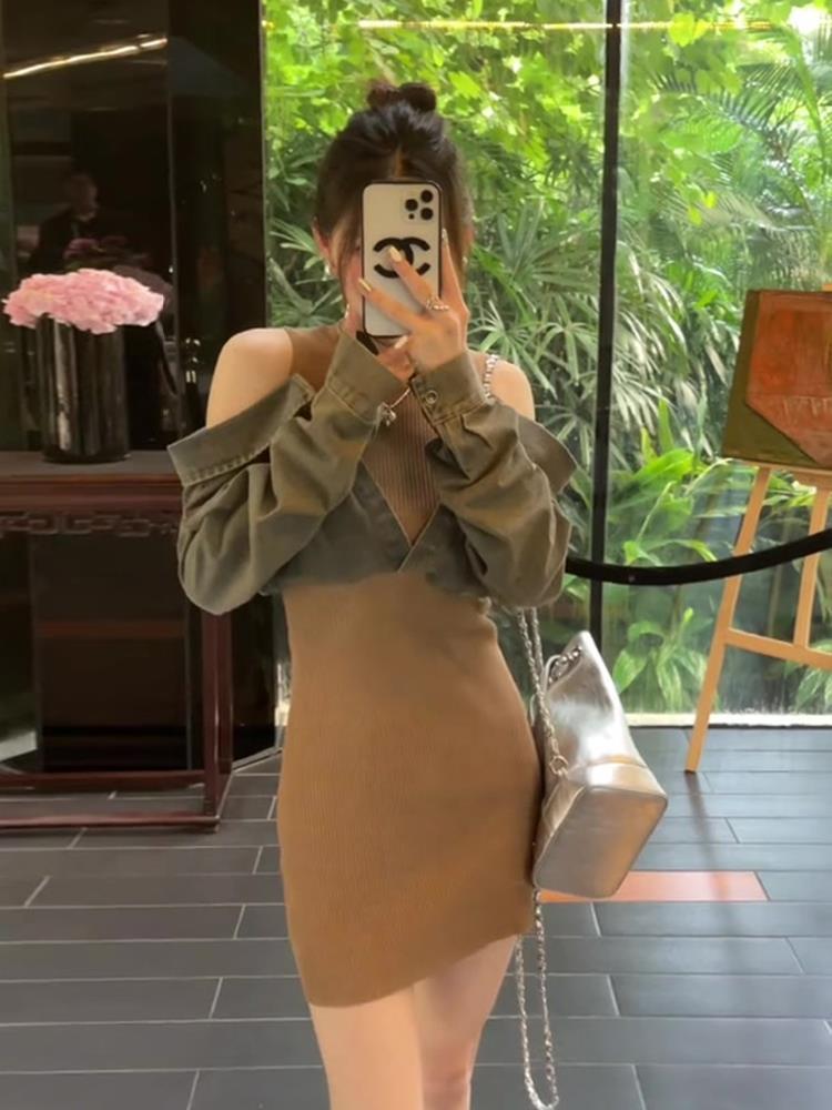 Internet celebrity popular design long-sleeved denim dress for women autumn  new fake two-piece off-shoulder knitted skirt
