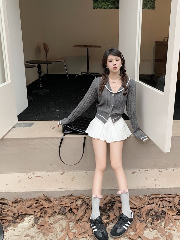 秋季套裝女2023新款韓系高級感修身短款撞色針織開衫百褶裙兩件套