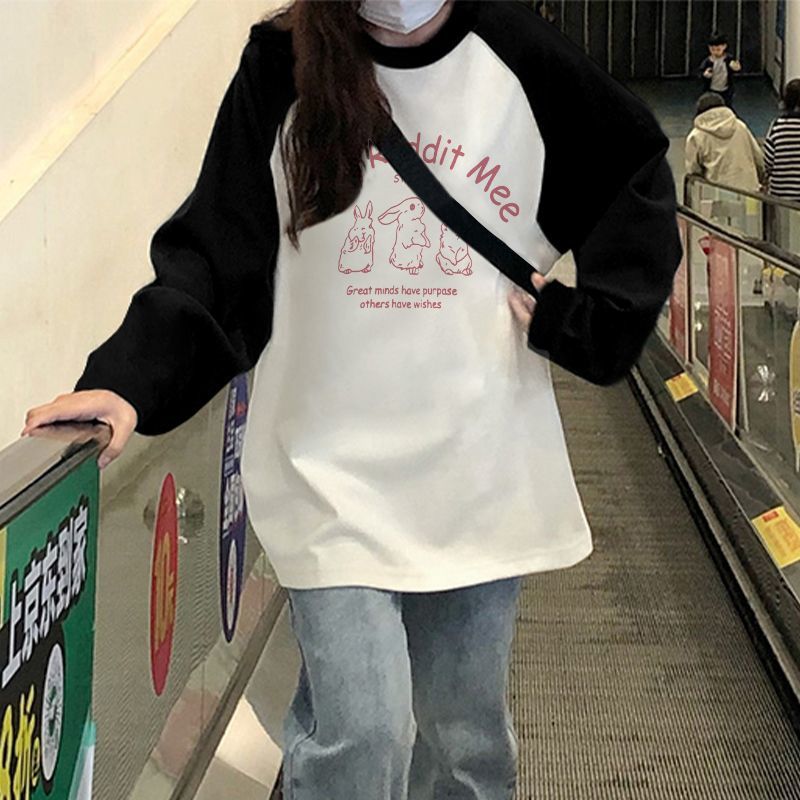 純棉復古插肩袖oversize秋季女2023新款t恤秋季寬鬆韓版薄款上衣