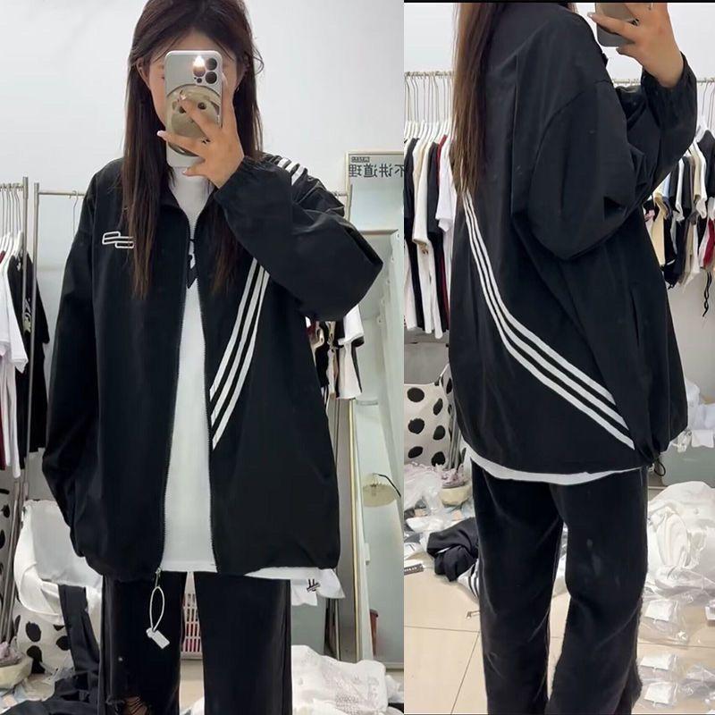 2023 Autumn Double Layer Jacket Women's Loose Versatile Embroidered Three Stripes Stand Collar Casual Jacket Couple Tops Trendy