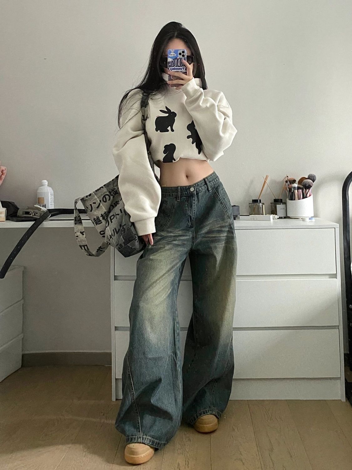 美式ins復古兔子印花連帽衛衣女春秋新款爆款簡約設計感寬鬆上衣