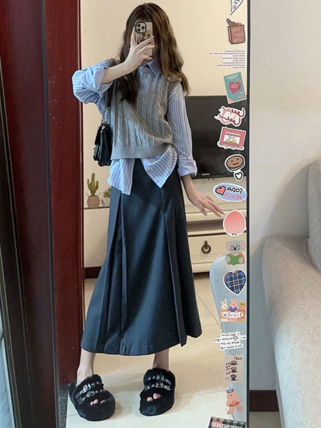 大碼女秋季套裝女2023新款韓系學院風短款針織馬甲條紋襯衫半身裙