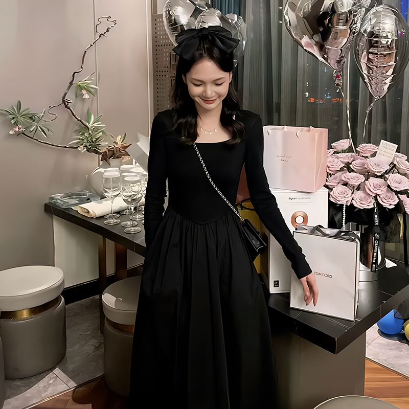 黑色長袖連衣裙子女夏2023春秋新款法式茶歇高級感赫本風收腰長裙